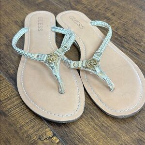 GUESS Braided Metallic Gold T-Strap Sandals
